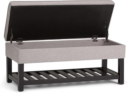SIMPLIHOME Cosmopolitan 44 inch Wide Transitional Rectangle Storage Ottoman Bench with Open Bottom in Cloud Grey Linen Look Fabric, Assembled for the Living Room and Bedroom