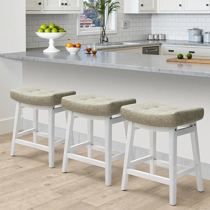 Counter Height Bar Stools Set of 4 for Kitchen Counter Farmhouse Modern Barstools with Faux Leather Upholstered Backless Seat and Solid Wood Legs 24 inch Bar Chairs, Light Grey + White
