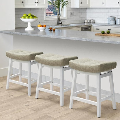 Counter Height Bar Stools Set of 4 for Kitchen Counter Farmhouse Modern Barstools with Faux Leather Upholstered Backless Seat and Solid Wood Legs 24 inch Bar Chairs, Light Grey + White