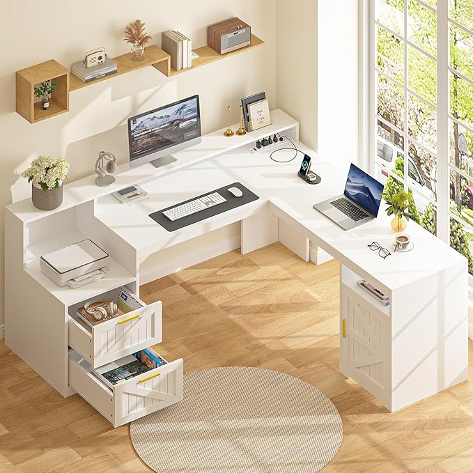 63" Farmhouse L Shaped Executive Desk with Drawers & Storage Shelf, Corner Computer Desk with Power Outlets, L Shaped Office Desk with Monitor Stand, Printer Shelf, White