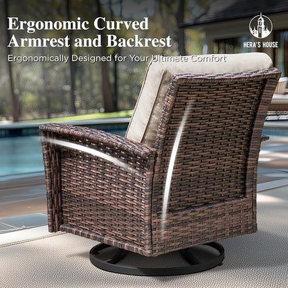 HERA'S HOUSE Outdoor Furniture, 2 x High Back Swivel Patio Chairs with 5.5" Cushions Wicker Rattan Deck Balcony Porch Furniture, Beige