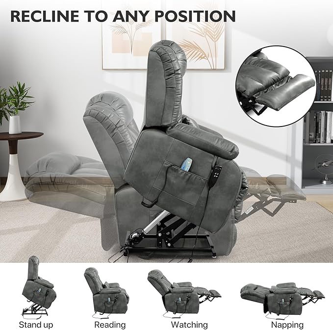 EDILLY Extra Large Power Lift Recliner Chairs for Elderly,Infinite Position Lay Flat Dual Motor Recliners Chair,with Heating and Massage, Breathable Leather,USB Ports and Remote Control(Silver Gray)