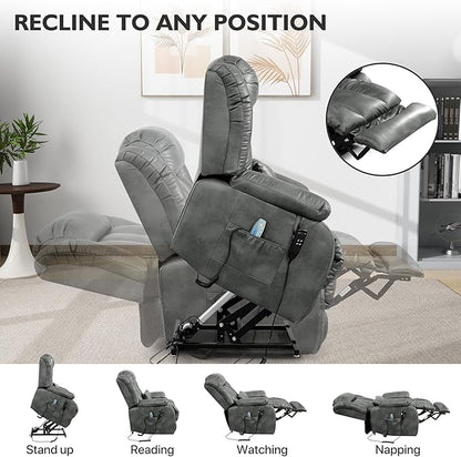 EDILLY Extra Large Power Lift Recliner Chairs for Elderly,Infinite Position Lay Flat Dual Motor Recliners Chair,with Heating and Massage, Breathable Leather,USB Ports and Remote Control(Silver Gray)