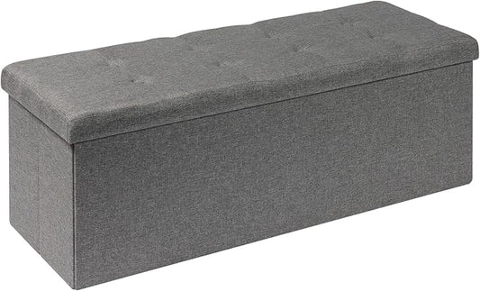 PINPLUS Folding Storage Ottoman Bench, Grey Linen Long Ottoman Chest Foot Rest Stool with Padded Seat, Chest with Tray, Bedroom Bench with Storage, 43.3inches