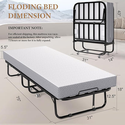 Folding Bed with Memory Foam Mattress, Portable Rollaway Guest Beds on Wheels, 75"x31" Twin Size Space-Saving Cot-Size Bed for Adults with Easy Assembly Metal Frame (White)
