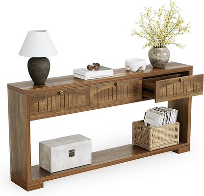 LITTLE TREE 70.8-Inch Long Console Table with 3 Drawers, Farmhouse Narrow Entryway Table for Hallway, Entry, Behind Couch, Sofa, Entrance, Living Room, Foyer with Open Shelves Rustic Brown