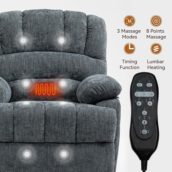 Power Lift Recliner Chair for Elderly with Heat Function, 8 Node Massage with 3 Selectable Modes, Oversized Electric Lift Recliner Single Sofa for Living Room with USB, Blue-Grey