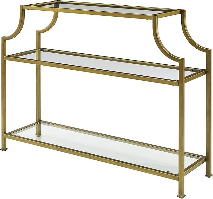 Crosley Furniture Aimee Sofa Console Table with Storage Shelves for Hall, Entryway, or Living Room, Gold and Glass