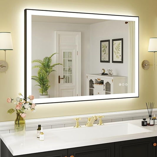 WTTY 40"X30" LED Bathroom Mirror with Black Frame, Bathroom Vanity Mirror with Lights for Wall, Front Light and Backlit, Anti-Fog, Dimmable, 3 Colors, Shatterproof, Memory, Horizontal/Vertical