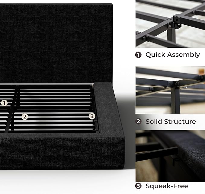 RECCI Cloud Upholstered Queen Bed Frame with Headboard, 5 Inch Foam Padded Platform, No Box Spring, Easy Assembly (Onyx)
