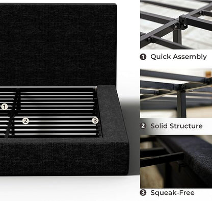 RECCI Cloud Upholstered Queen Bed Frame with Headboard, 5 Inch Foam Padded Platform, No Box Spring, Easy Assembly (Onyx)