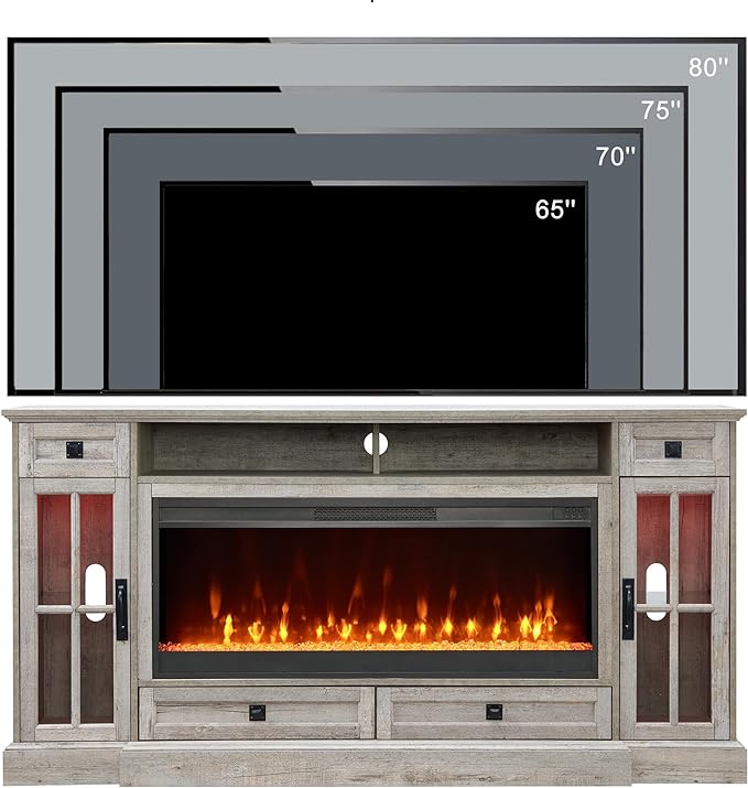 OKD Fireplace TV Stand for 80 Inch TV, Farmhouse Entertainment Center with 42" Fireplace & LED Lights, Modern Media Console Table with Storage Drawers & Cabinets for Living Room, Light Rustic Oak