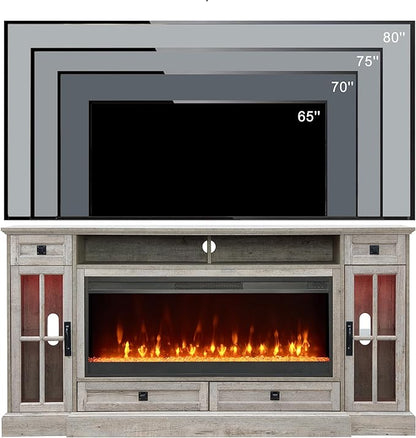 OKD Fireplace TV Stand for 80 Inch TV, Farmhouse Entertainment Center with 42" Fireplace & LED Lights, Modern Media Console Table with Storage Drawers & Cabinets for Living Room, Light Rustic Oak