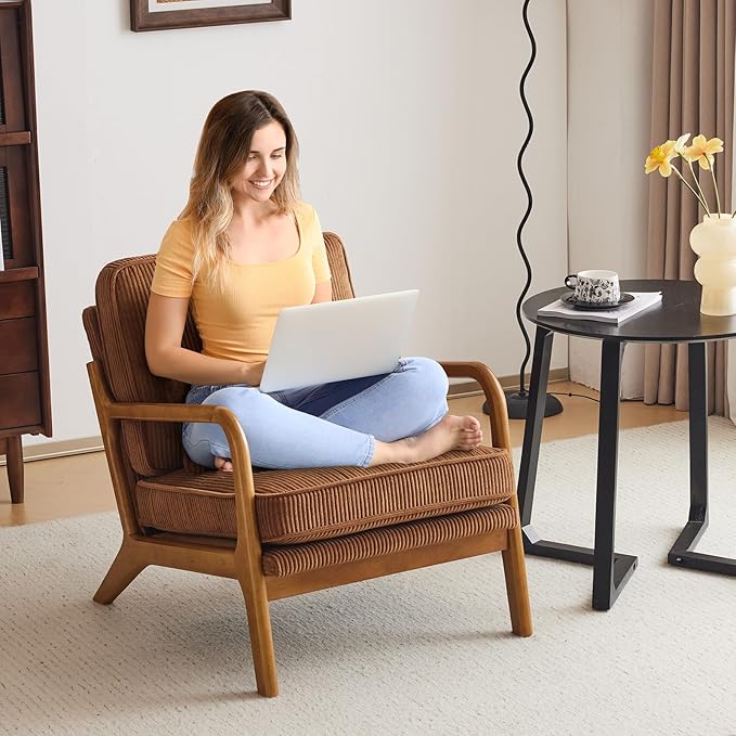 Karl home Mid-Century Modern Accent Chair, Living Room Chairs with Pillow Corduroy Upholstered Lounge Armchair with Solid Wood Frame & Soft Cushion for Bedroom, Reading Room, Brown