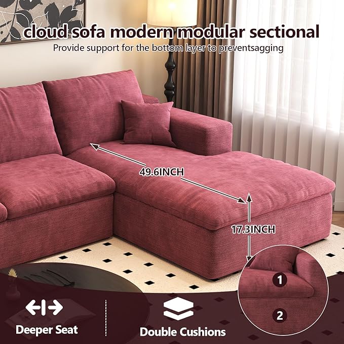 107'' U-Shaped Modern Modular Sectional Cloud Couch Whit Ottoman, 4-Seat Chenille Deep-Seat Sofa with Pillow for Living Room, Bedroom, Apartment, Wine Red