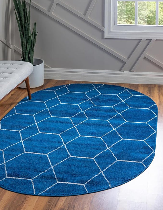 Unique Loom Trellis Frieze Collection Area Rug - Geometric (3' x 5' Oval, Navy Blue/ Ivory)