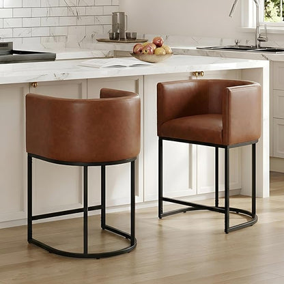 PU Leather Bar Stools Set of 2, Modern Upholstered Counter Height Bar stools 24" Leather Barstools Barrel Kitchen Counter Island Stools with Black Metal Base, Brown