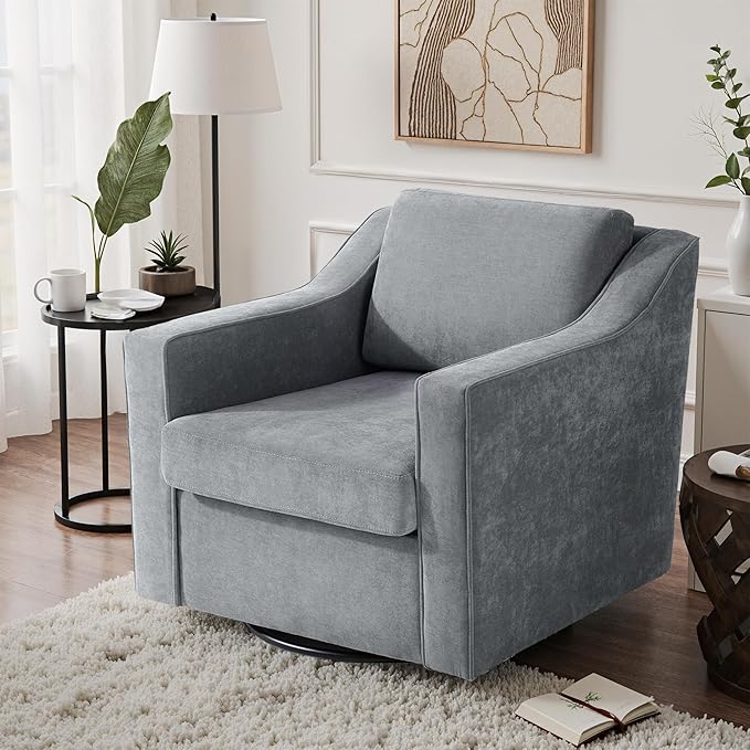 UIXE Swivel Accent Chair, Chenille Fabric Upholstered Arm Chair for Living Room, Modern Club Armchair Comfy Single Sofa Bedroom Reading Seat with Lumbar Pillow - Gray