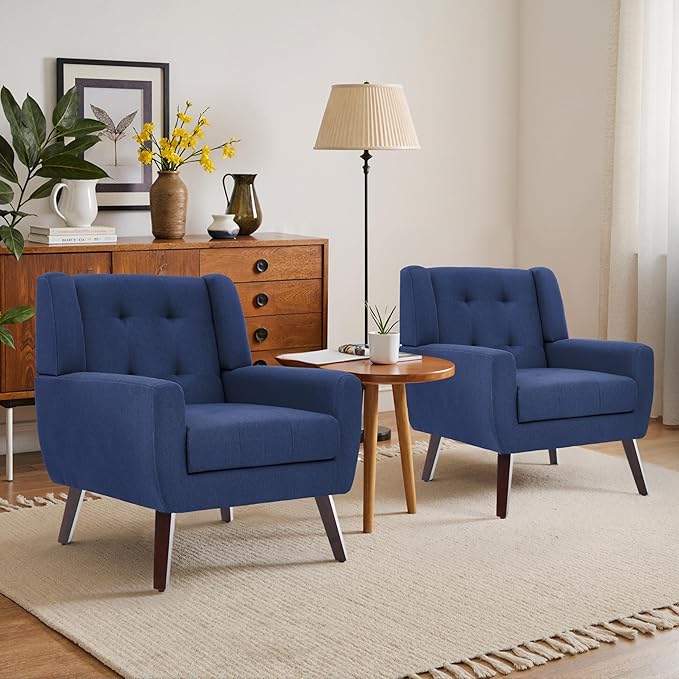Accent Chair, Mid-Century Modern Upholstered Armchair, Comfy Fabric Living Room Chairs Reading Chairs with Button Tufted Back & Solid Wood Legs for Bedroom, Office, Blue