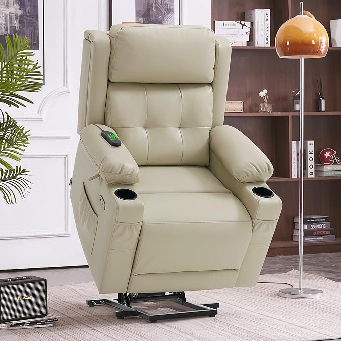 MCombo Lay Flat Triple Motor Power Lift Recliner Chair Sofa with Heat and Massage, Adjustable Headrest for Elderly, Infinite Position, Faux Leather 7661 (Beige, Medium)