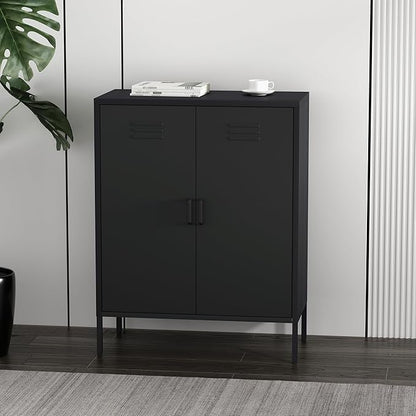 Manhattan Comfort Naomi Modern Metal Accent Cabinet, Minimalist Storage Cabinet with Doors & Adjustable Shelves, Vented Doors, Sturdy Steel Build, Versatile & Multi-Purpose Home Furniture, Black