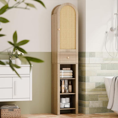 70" Tall Bathroom Storage Cabinet with Rattan Door，Narrow Storage Cabinet with Drawer Adjustable Shelves, Modern Arched Design Bathroom Cabinet for Bathroom, Living Room, Kitchen, Natural