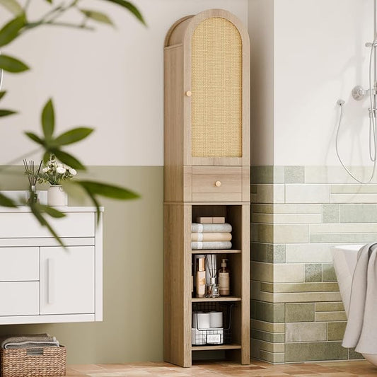 70" Tall Bathroom Storage Cabinet with Rattan Door，Narrow Storage Cabinet with Drawer Adjustable Shelves, Modern Arched Design Bathroom Cabinet for Bathroom, Living Room, Kitchen, Natural