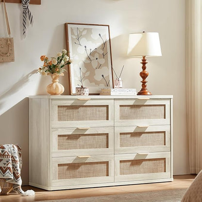 LEYAOYAO Rattan 6 Drawer Dresser for Bedroom, Boho 48" Wide White Dresser Chest of Drawers, Dressers TV Stand with Metal Handle, Storage Dressers Closet Organizer for Living Room, Hallway