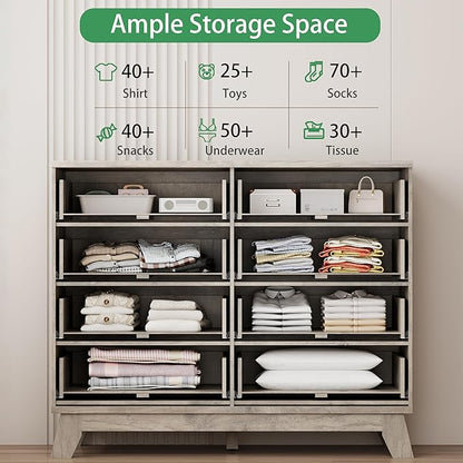 Fluted Dresser for Bedroom with 8 Drawers, 48" Wide Modern Chest of Drawers with Metal Handle, Wooden Dresser TV Stand, Wood Closet Clothes Storage Drawer Organizer for Living Room, Hallway, Grey