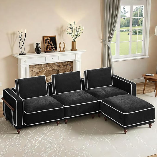 112" 3 Seater Cloud Couch with Ottoman,Modular Sectional L Shaped Sofa with Armrests Wooden Legs,Oversized Deep Seat Comfy Thicked Cushion Upholstered Sofa for Living Room Bedroom,Black