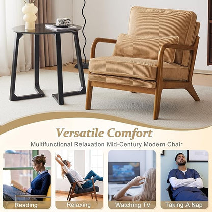 VINGLI Upgraded Premium Corduroy Accent Chair,Upholstered Arm Chair,Solid Wood Comfy Reading Chair with Lumbar Pillow, Mid Century Modern Chairs for Living Room,Bedroom,Guest Room,Khaki