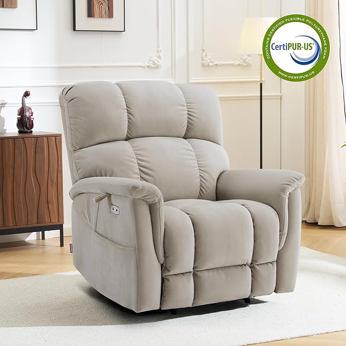 MCombo Large-Wide Dual Motor Power Lift Recliner Chair, Massage and Dual Heating for Elderly People, Infinite Position, Fabric R7166 (Beige)