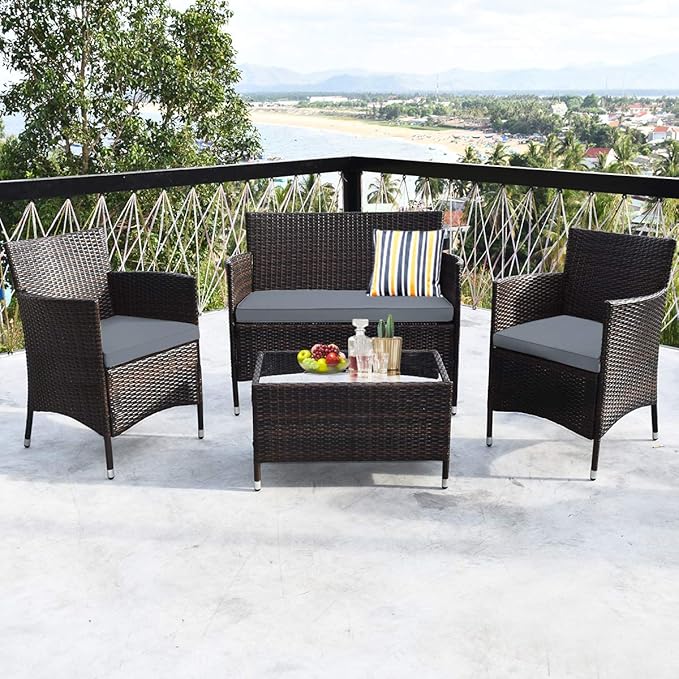 COSTWAY 4PCS Rattan Patio Furniture Set, Outdoor Wicker Rattan Chairs with Coffee Table, Rattan Cushioned Conversation Set for Backyard Balcony Porch Poolside, Grey