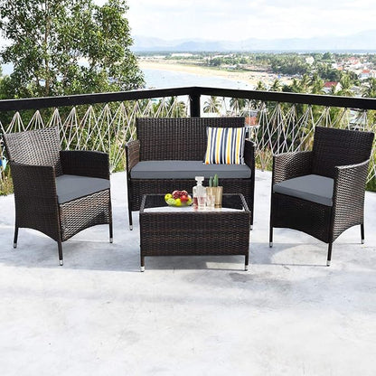 COSTWAY 4PCS Rattan Patio Furniture Set, Outdoor Wicker Rattan Chairs with Coffee Table, Rattan Cushioned Conversation Set for Backyard Balcony Porch Poolside, Grey