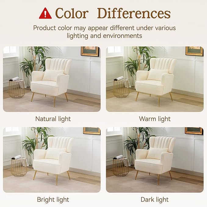 Fabric Accent Living Room Arm Chair with Pillow & Golden Legs, 8.5" Thick Cushion, Mid Century Modern Wingback Chairs Upholstered Comfy Sofa Armchair for Reading Room/Bedroom, White