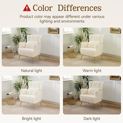 Fabric Accent Living Room Arm Chair with Pillow & Golden Legs, 8.5" Thick Cushion, Mid Century Modern Wingback Chairs Upholstered Comfy Sofa Armchair for Reading Room/Bedroom, White