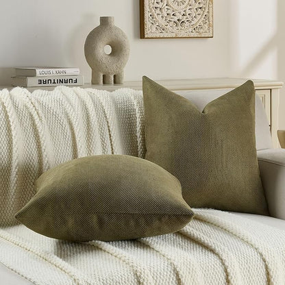 FUTEI Olive Green Chenille Throw Pillow Covers 24x24 Inch Set of 2,Soft Wide Chevron Textured European Pillow Shams,Farmhouse Home Decor for Couch Bed Living Room