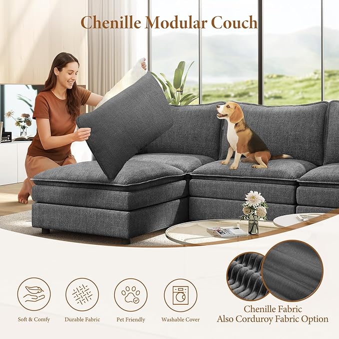 Vesgantti 142" Oversized Sectional Sofa Bed, 8-Seater Modular Sleeper Cloud Couch with Movable Ottoman, Chenille Convertible Sofa Set Deep Seat Couches for Living Room, Bedroom and Apartment, Gray