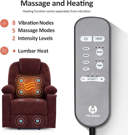 MCombo Power Lift Recliner Chair for Elderly, Lift Chair with Heat and Massage, USB&Type C Ports, Extended Footrest, Cup Holders, Fabric 7040 (Medium, Sangria)