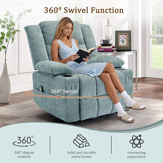 Adult 360° Swivel Rocking Recliner, Baby Room Glider Recliner with Massage and Heating, Rocking Chair with Cup Holder, Living Room and Bedroom Manual Chair (Fabric, Lake Blue)