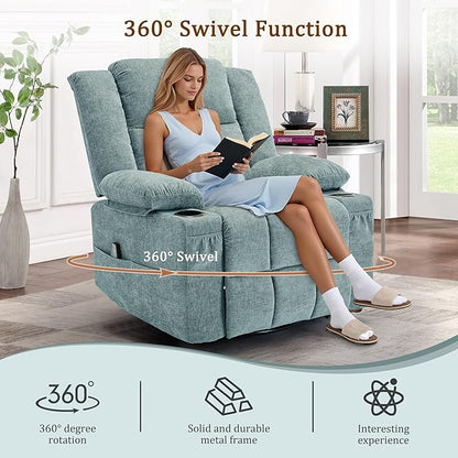 Adult 360° Swivel Rocking Recliner, Baby Room Glider Recliner with Massage and Heating, Rocking Chair with Cup Holder, Living Room and Bedroom Manual Chair (Fabric, Lake Blue)
