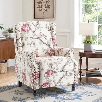 Recliner Chair, Upholstered Wingback Floral Pushback Armchair with Adjustable Backrest & Footrest, Comfy Accent Chair for Small Spaces, Living Room, Bedroom-Plants Floral, Set of 1