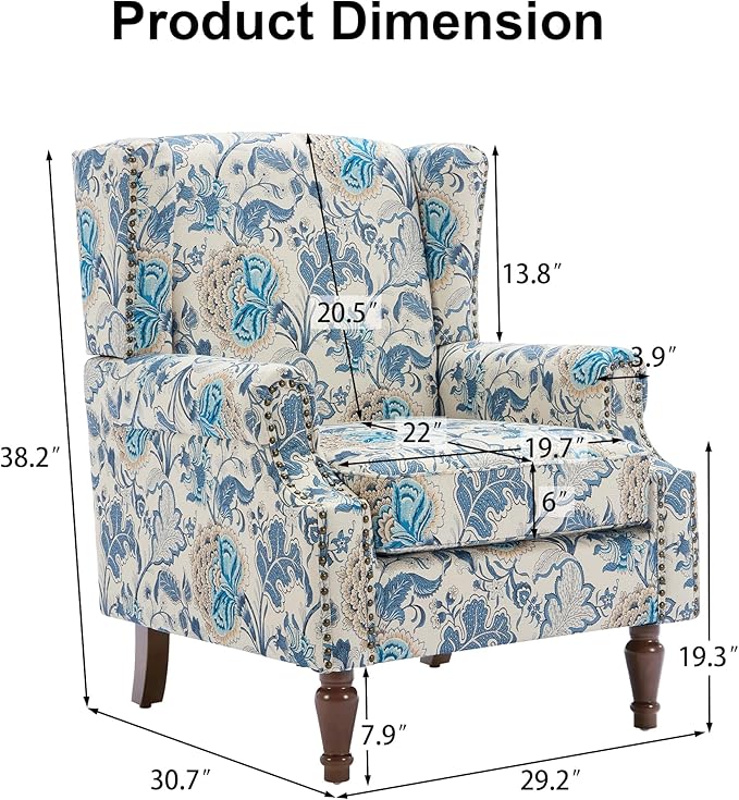 Pia Ricco High Back Floral Accent Chair - Retro Wingback Upholstered Armchair with Nailhead Trim, Solid Wood Legs, Fabric Living Room Bedroom Reading Chair (Flower Blue)