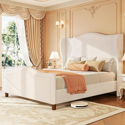 koorlian King Size Bed Frame Chenille Upholstered Platform Bed with 51" Tall Headboard and High Deep Tufted Footboard, Modern Retro Minimalist Style Wingback Sleigh Bed, Easy Assembly, Cream