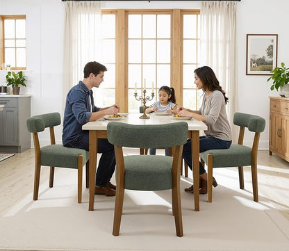 Modern Green Dining Chairs Set of 2, Walnut Upholstered Kitchen & Dining Room Chairs, Mid Century Modern Wooden Dining Chairs Oversized Sturdy Fabric Rounded Chairs Curved Back