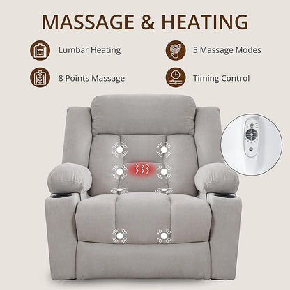 Dual Motor Power Lift Recliner for Elderly, Large Electric Lift Recliner with Massage and Heat, Cup Holders, Side Pocket, Fabric(Light Grey)