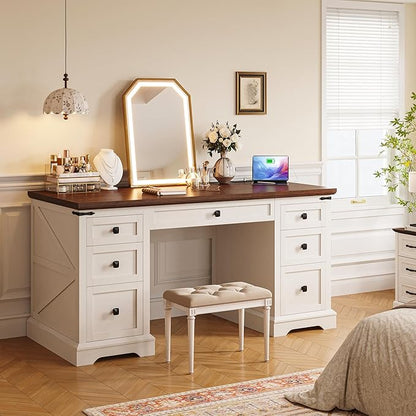 EnHomee 58" W Farmhouse Executive Desk with Drawers, Wood Home Office Desks with Power Outlets, Rustic Computer Desk with Storage Cabinet for Working, Studying, Writing, White + Brown