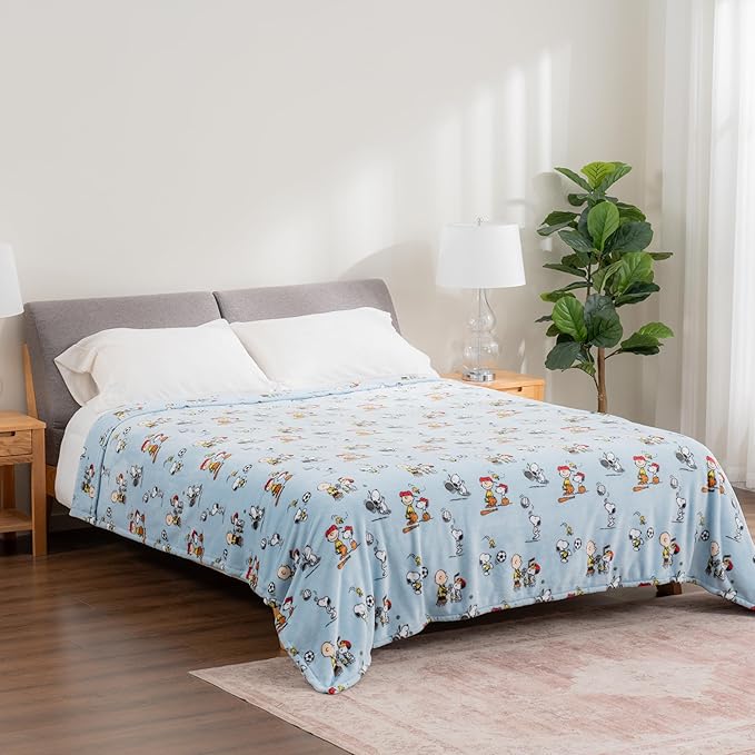 Berkshire Blanket Peanuts® VelvetLoft® Cute Character Snoopy Plush Blanket,Snoopy The Athlete Closed in Blue,Twin 60 in x 90 in (Official Peanuts® Product)