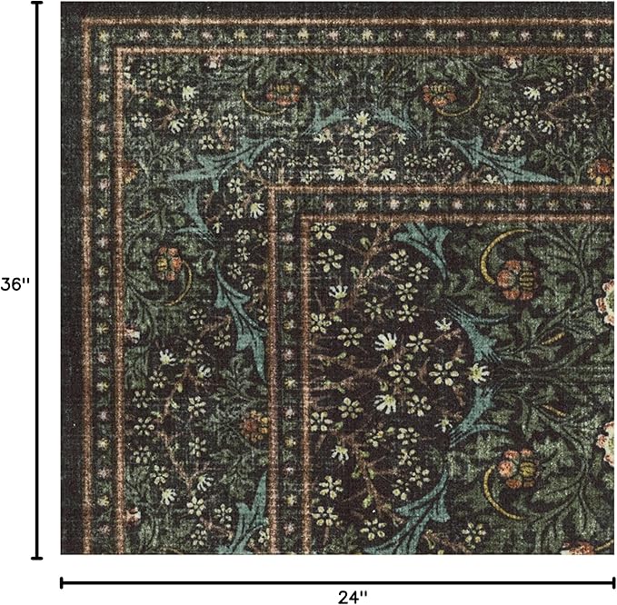 RUGGABLE x Morris & Co Washable Area Rug– Blackthorn Forest Green 2x3, Stain-Resistant, Non-Slip – Small Machine Washable Rugs for Living Room, Bedroom, Hallway, Entryway & Bathroom–with Standard Pad