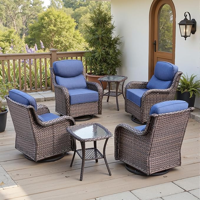 Belord Luxury 6" Thick Cushioned Outdoor Swivel Rocker Patio Chairs Set of 4 with Side Table, High Back Wicker Furniture Set with Ergonomic Zone Back, Conversation Set for Deck Porch - Brown+Blue